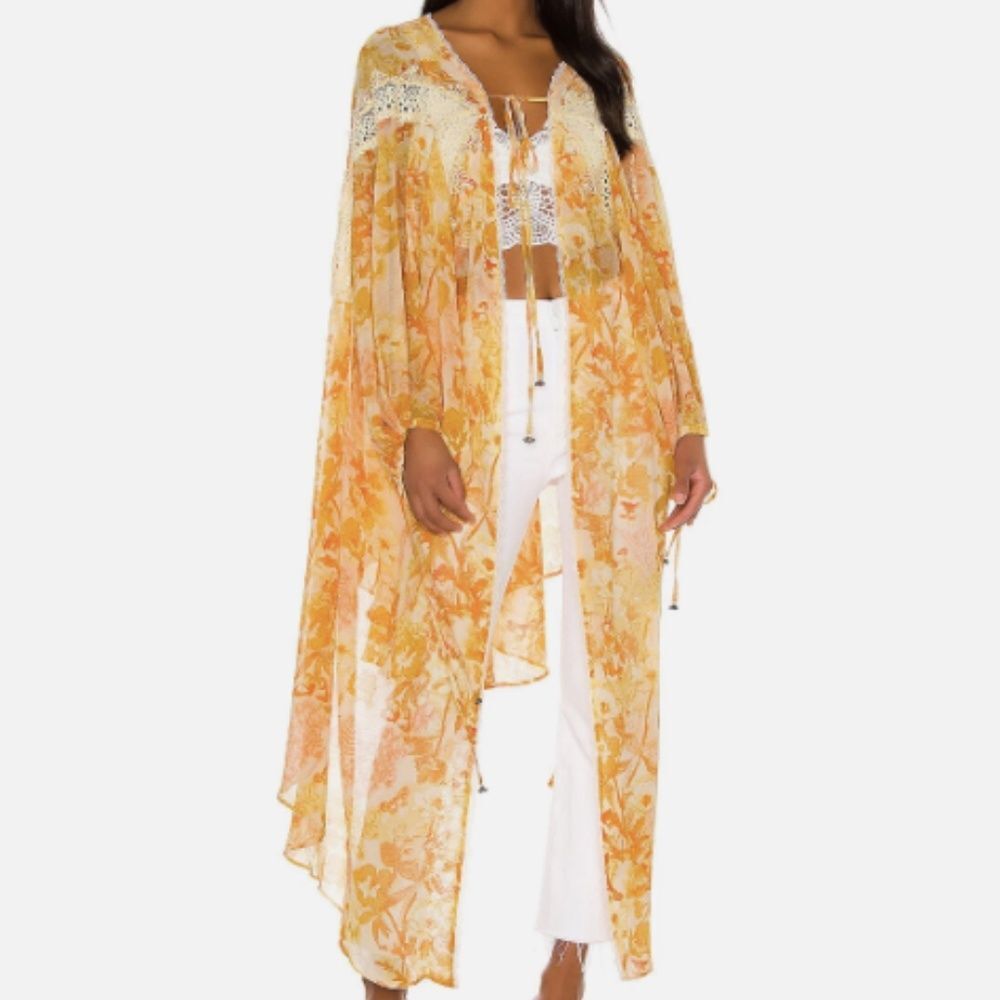 Free People Yellow Lost In Love Floral Open Front Kimono Kaftan Jacket XS/S